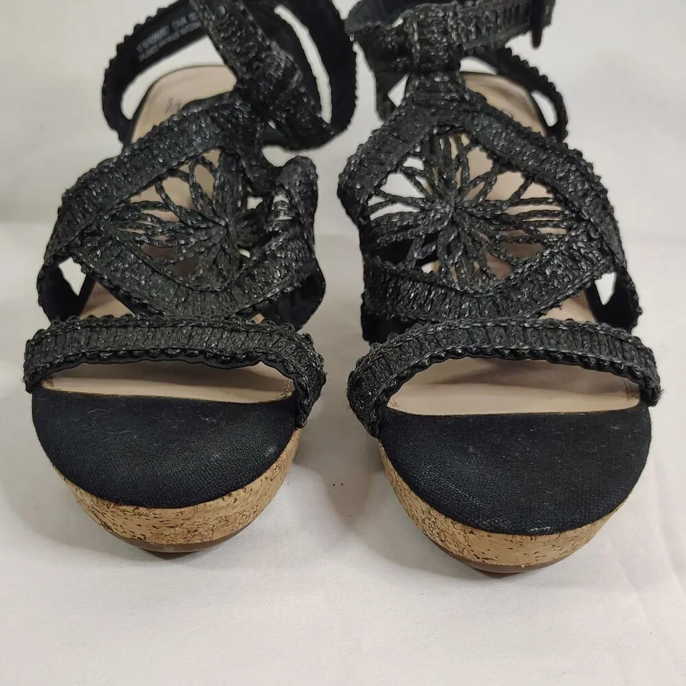 Impo Black Crochet Strappy Cork Wedge Sandals Women’s Size 10 Ankle Strap